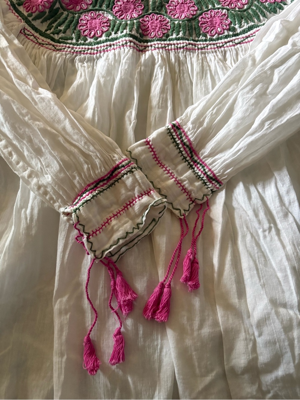 White Mexican Hand made Embroidered Peasant Blouse with Pink & Green Floral Yoke - Picture 3 of 4